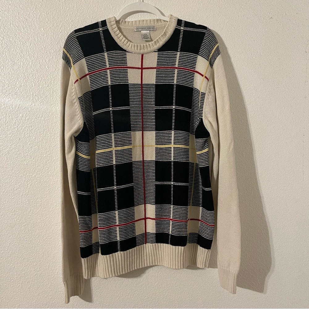 Geoffrey Beene Plaid Sweater Mens L Pullover Gray Black 90s Grandpa Athleisure